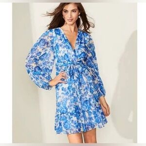 Alex Marie Laurel Chiffon Cobalt Floral Print V-Neck Long Sleeve A-Line Dress
